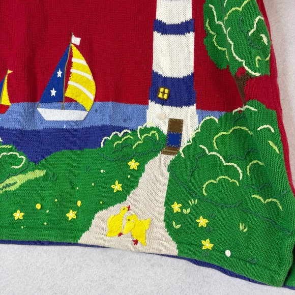 The Quacker Factory Women's Red Lighthouse Sailboat Coastal Knit Top XL Ducks - Picture 4 of 5